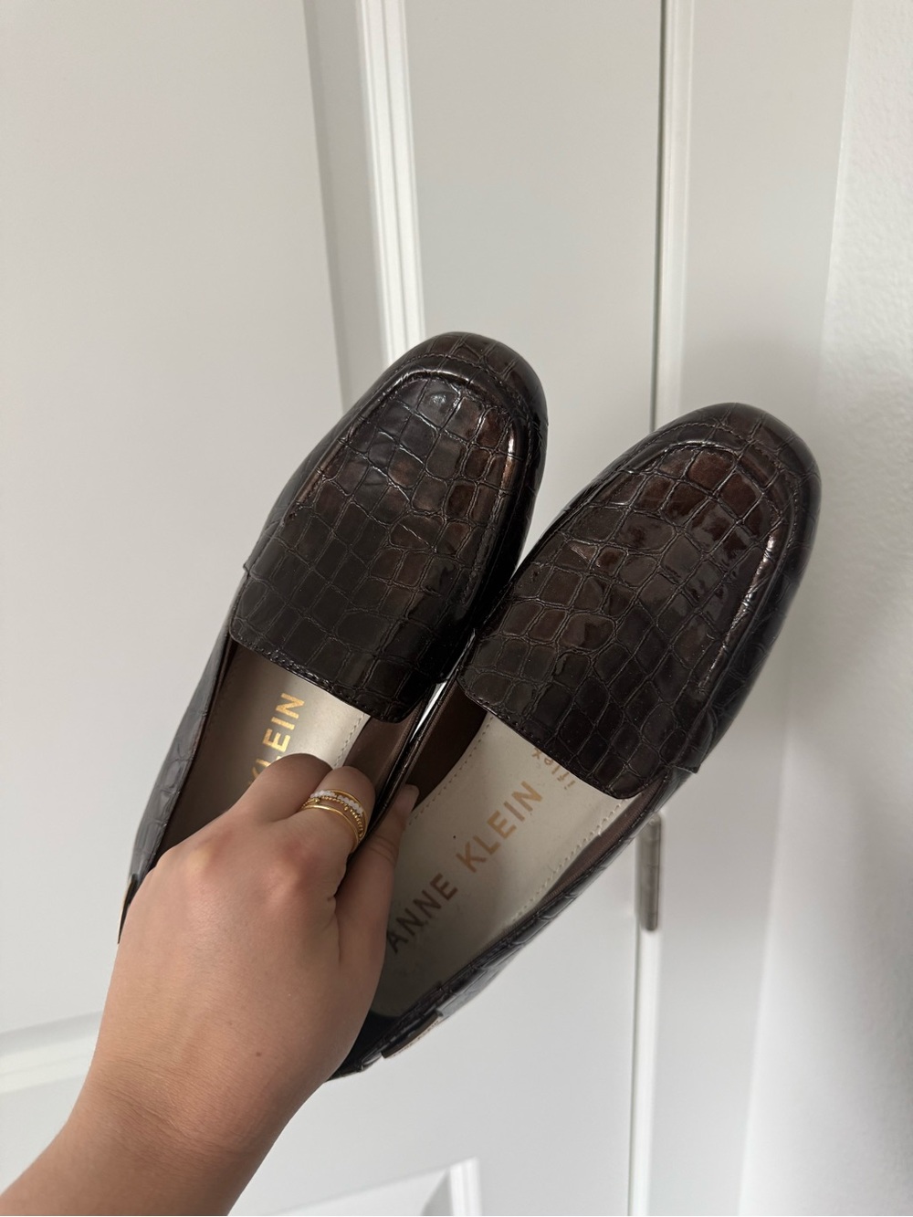 Anne Klein Dark Brown Croc-Embossed Slip-On Loafer Heels | 8